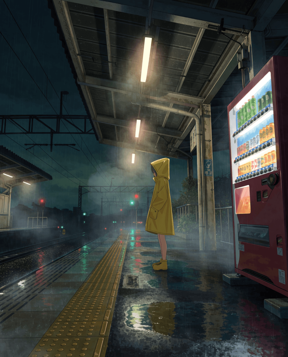anime illustration, cel shading, a teenage girl standing alone on a rain-soaked train platform at night, wearing an oversized bright yellow raincoat with the hood up, hands tucked into pockets, soft blue and warm yellow colour palette, a glowing vending machine casting warm amber and white light across the platform to her right, puddles and wet concrete reflecting the colourful vending machine glow and distant signal lights, gentle rain streaks catching the light, mist drifting along the tracks, overhead platform lamps casting soft pools of light, wide establishing shot framing the full platform and dark rainy sky beyond the tracks, clean linework, vibrant but melancholic atmosphere, lush background detail with flat cel-shaded character design