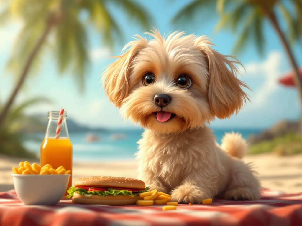 Creation: An animated image of a cute light brown Maltese dog eating a burger at a picnic on the beach