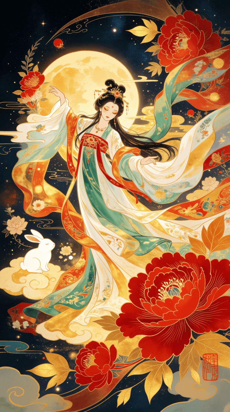 Traditional Chinese ink-painting and gouache illustration, Chang'e the Moon Goddess dancing gracefully among swirling clouds and golden moonlight. She wears flowing silk robes of white, jade green, and gold billowing dramatically around her elegant figure, long sleeves trailing like wings. A small jade rabbit sits nearby on a cloud. A luminous full moon glows behind her, casting warm golden light. Rich, vibrant Mid-Autumn Festival colors — deep crimson red, gleaming gold, and a deep midnight blue sky filled with stars and delicate cloud wisps. Painterly brushwork with ink-wash textures, fine line details, decorative floral motifs, and gouache highlights. Magical, elegant, festive atmosphere. Portrait composition, subject centered, moon as backdrop, clouds framing the lower scene.