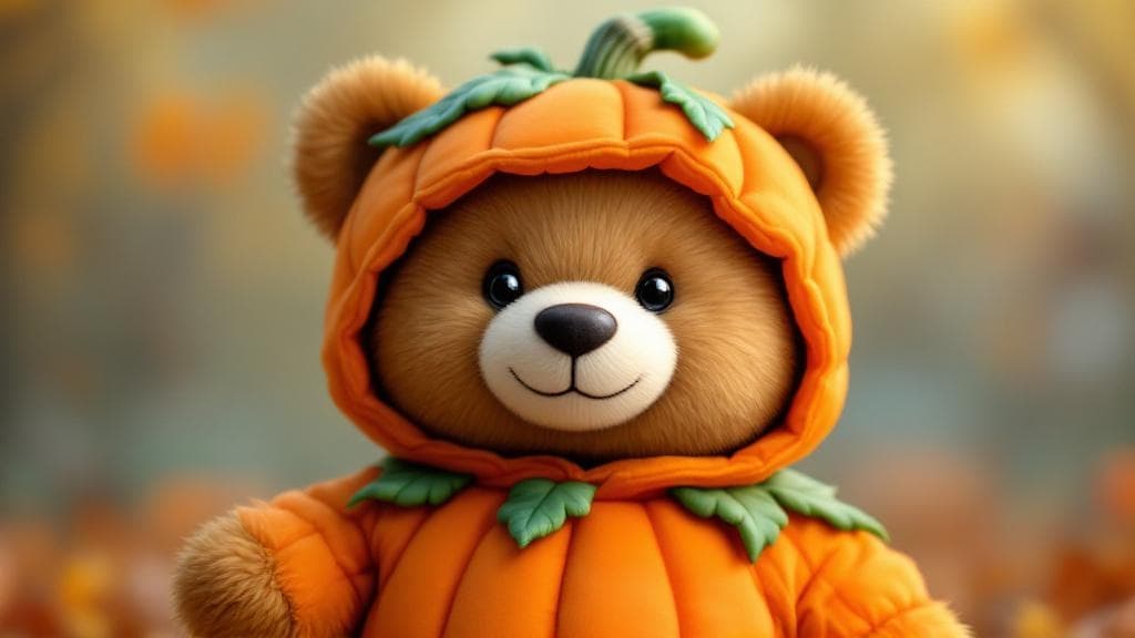 a cute bear dressed as a pumpkin for halloween, adorable teddy bear wearing an orange pumpkin costume with green stem hat, halloween theme, warm autumn colors, friendly and charming expression, soft lighting