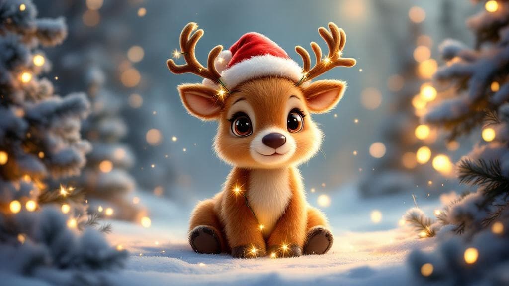 a cute reindeer at christmas, adorable cartoon style, wearing a red santa hat, big sparkling eyes, fluffy brown fur, small antlers with christmas lights wrapped around them, sitting in a snowy winter scene with christmas trees in the background, warm golden lighting, festive holiday atmosphere, cheerful and heartwarming