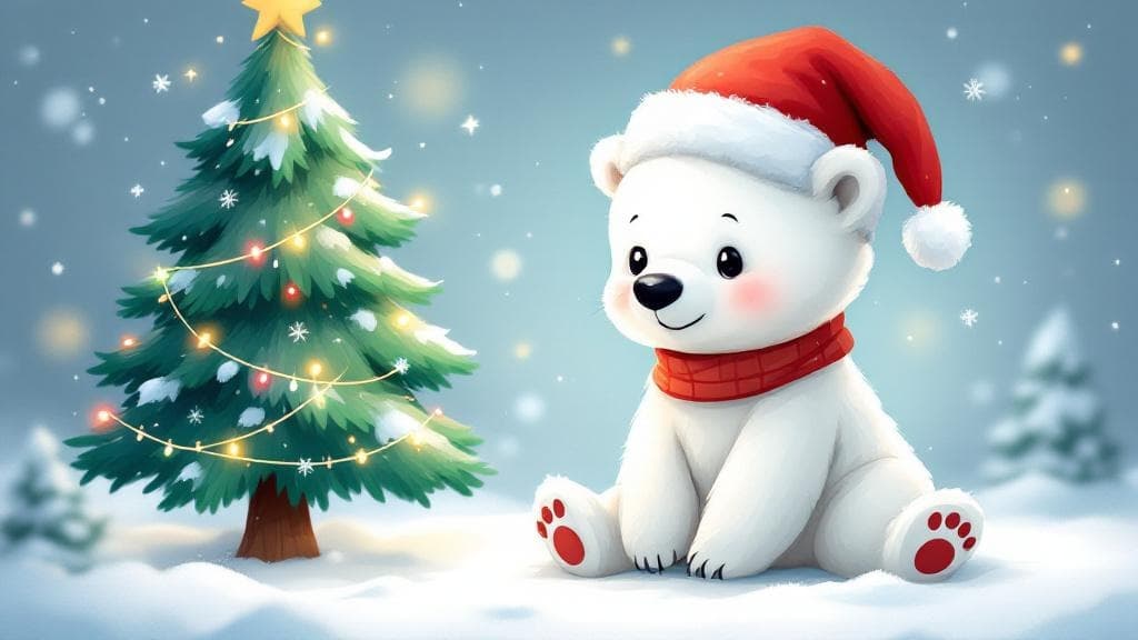 a cute polar bear cub wearing a red Santa hat, sitting in the snow next to a decorated Christmas tree with twinkling lights, adorable cartoon style, winter wonderland background, soft pastel colors, cheerful and festive atmosphere