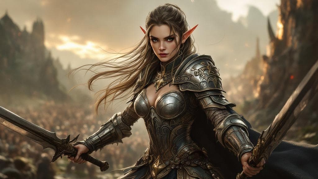 an elven warrior in her armor preparing for battle, detailed fantasy art, elegant elven female warrior with pointed ears, intricate medieval armor with ornate designs, determined expression, holding weapons, fantasy battlefield background, epic lighting, high quality digital art