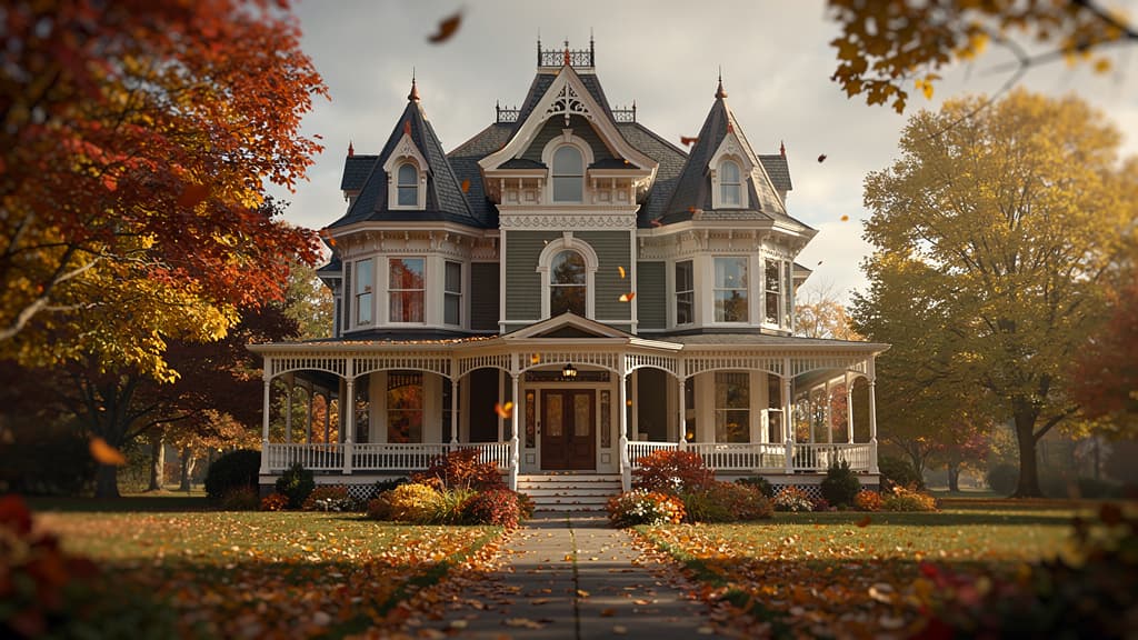 Exterior shot of a grand Victorian house on an autumn day. Warm golden and amber light, trees with red, orange, and yellow foliage surrounding the house. Detailed Victorian architecture with ornate trim, a wrap-around porch, bay windows, and a steep gabled roof. Fallen leaves on the lawn, overcast sky with soft diffused light. Cinematic, photorealistic.
