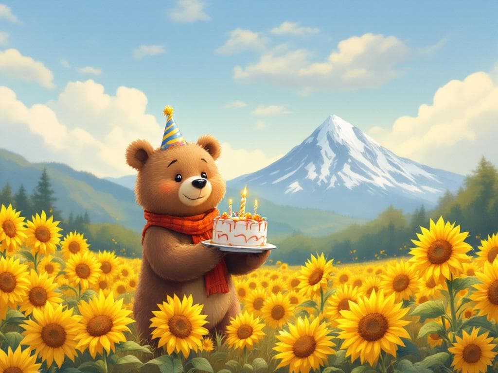 a cute bear holding a birthday cake in a field of sunflowers with a mountain in the background