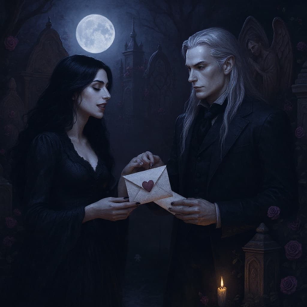 Remove the bottom envelope completely. Show only two envelopes - one in each vampire's hand as they exchange letters. Keep the same gothic cemetery garden setting with dark romantic elements, moonlit atmosphere, and the two elegant vampires, but eliminate the third envelope that appears at the bottom of the image.