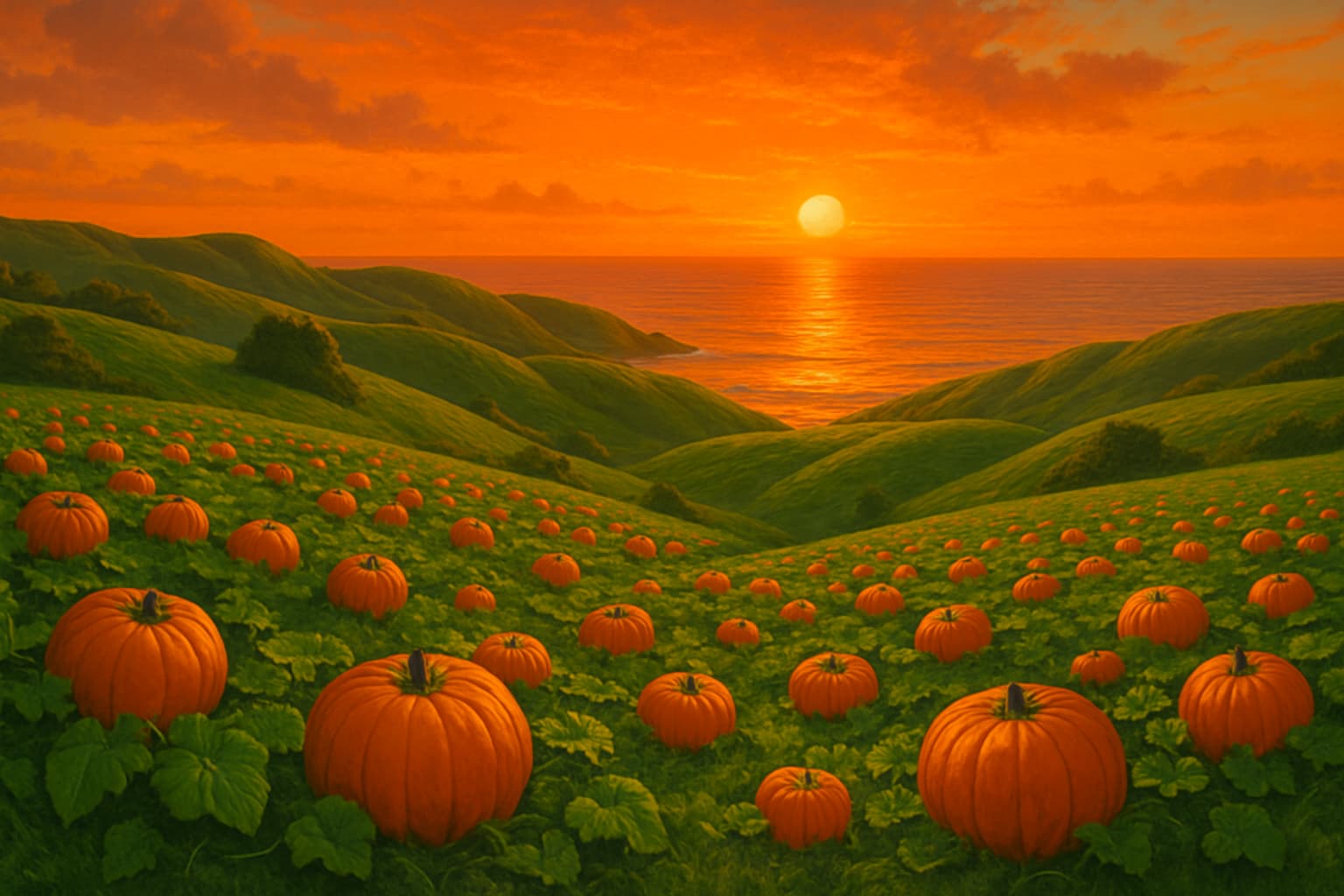 Luscious green rolling hills and pumpkin patches overlooking the ocean at sunset with a bright orange sky