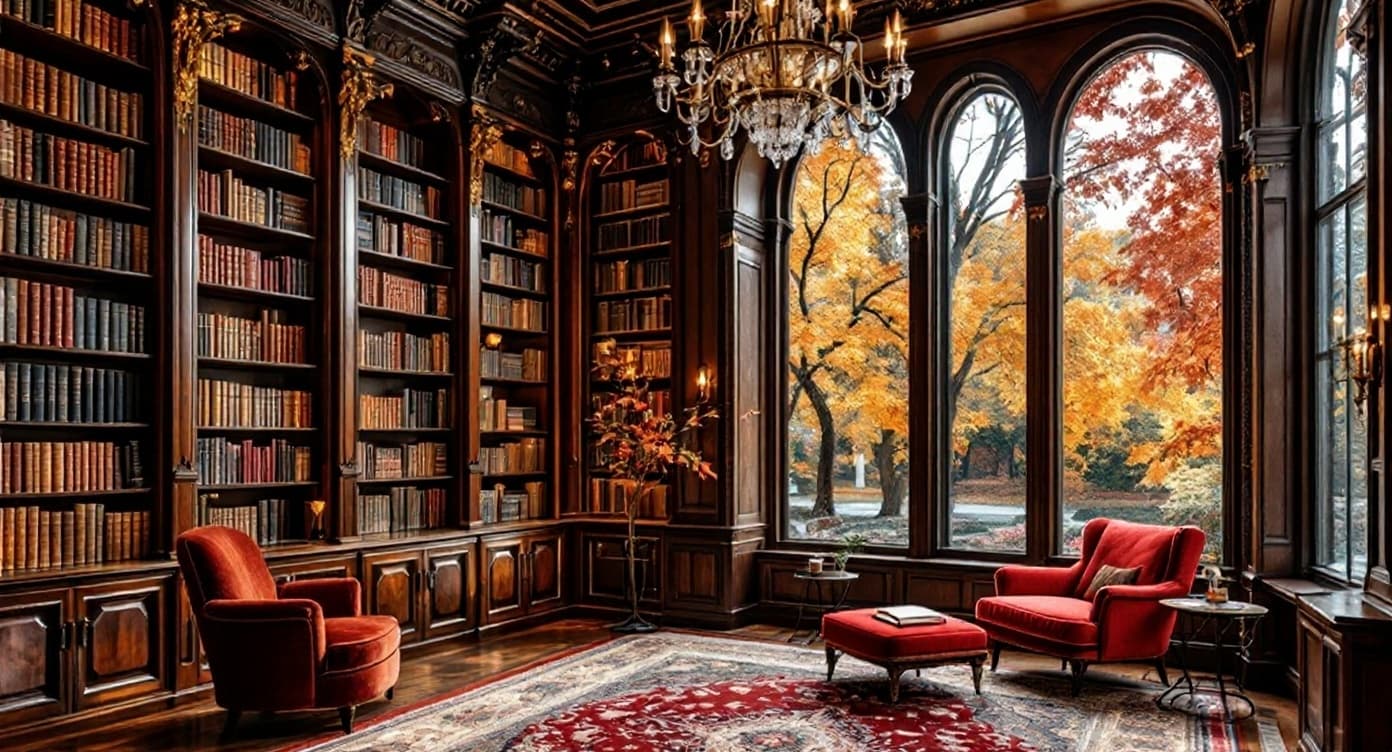 Change all the furniture to red and orange colors - make the chairs, sofas, bookshelves, tables, and any other furniture pieces in warm red and orange tones to match the autumnal theme