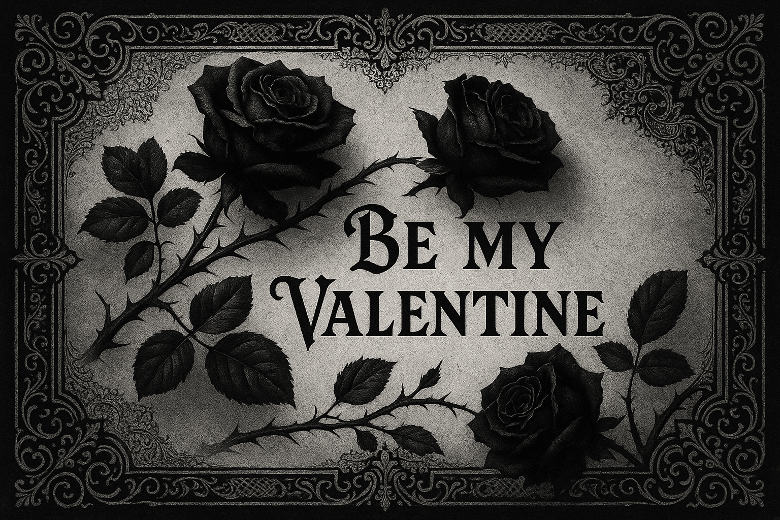 Gothic Valentine's Day card design, black and white aesthetic, elegant black roses, ornate Victorian-style borders, dramatic shadows and highlights, romantic gothic typography, dark romantic atmosphere, vintage paper texture, intricate lace patterns, thorny rose stems, moody lighting, high contrast black and white photography style