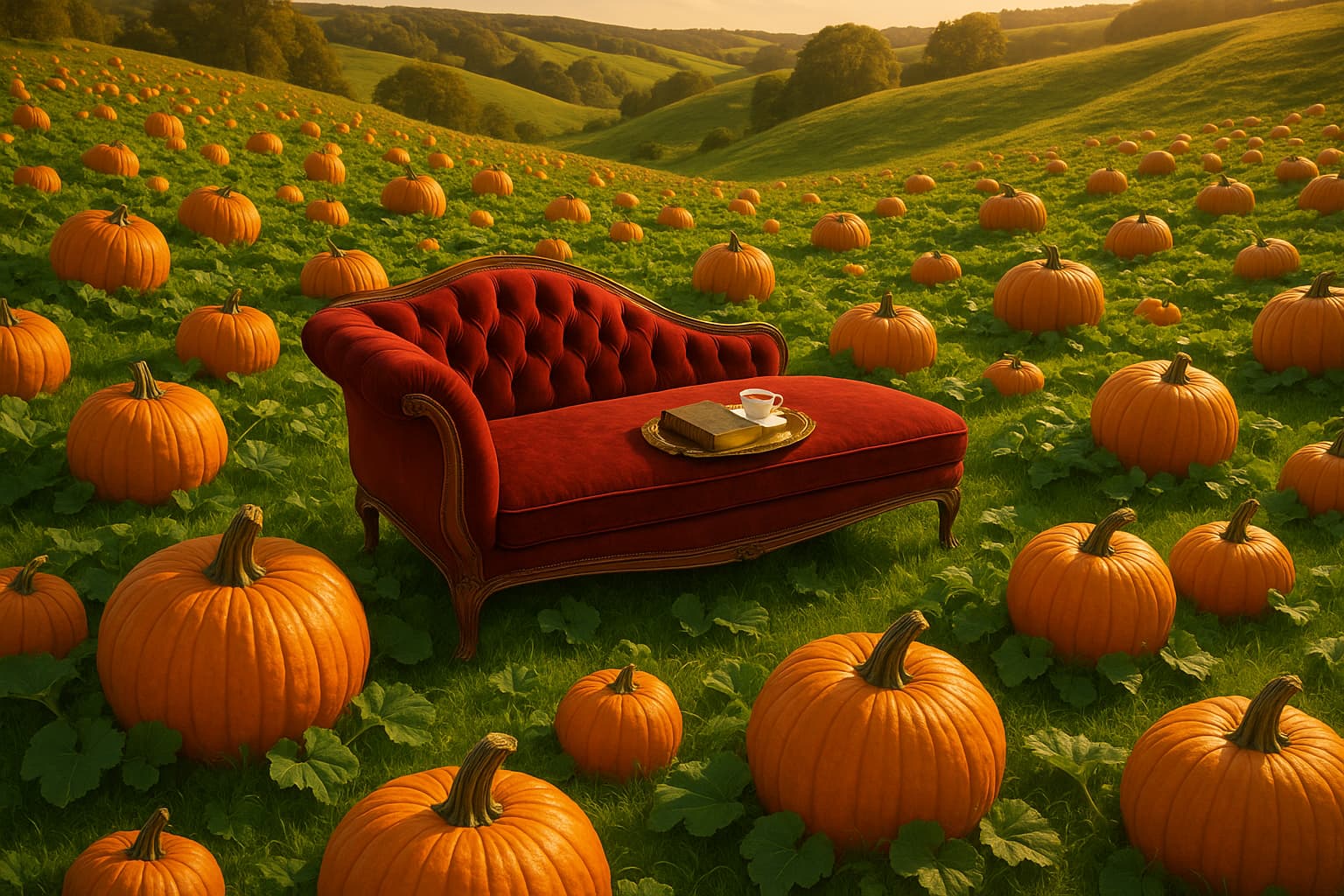 A luscious pumpkin patch sprawling across rolling green hills, with orange pumpkins of various sizes scattered throughout the verdant landscape. In the center of the scene sits an elegant red velvet chaise lounge, positioned perfectly among the pumpkins. On the chaise lounge rests an ornate gold tray holding a vintage leather-bound book and a delicate porcelain cup of steaming tea. The scene has warm autumn lighting with soft golden hour sunlight casting gentle shadows across the rolling hills. The composition is pastoral and luxurious, blending rustic farm charm with elegant furniture. Photorealistic style with rich, saturated colors.