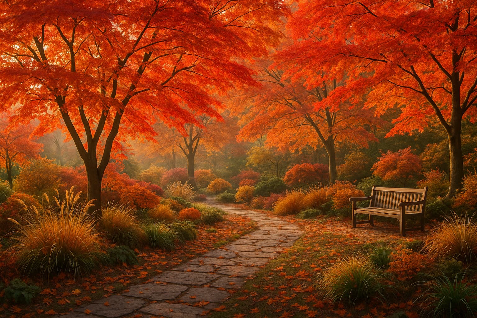 A beautiful peaceful autumnal garden scene with golden and amber fall foliage, maple trees with red and orange leaves, a winding stone path through the garden, soft morning light filtering through the trees, fallen leaves scattered on the ground, a wooden bench nestled among the trees, ornamental grasses swaying gently, warm and serene atmosphere, peaceful and tranquil mood, rich autumn colors, detailed landscape photography style