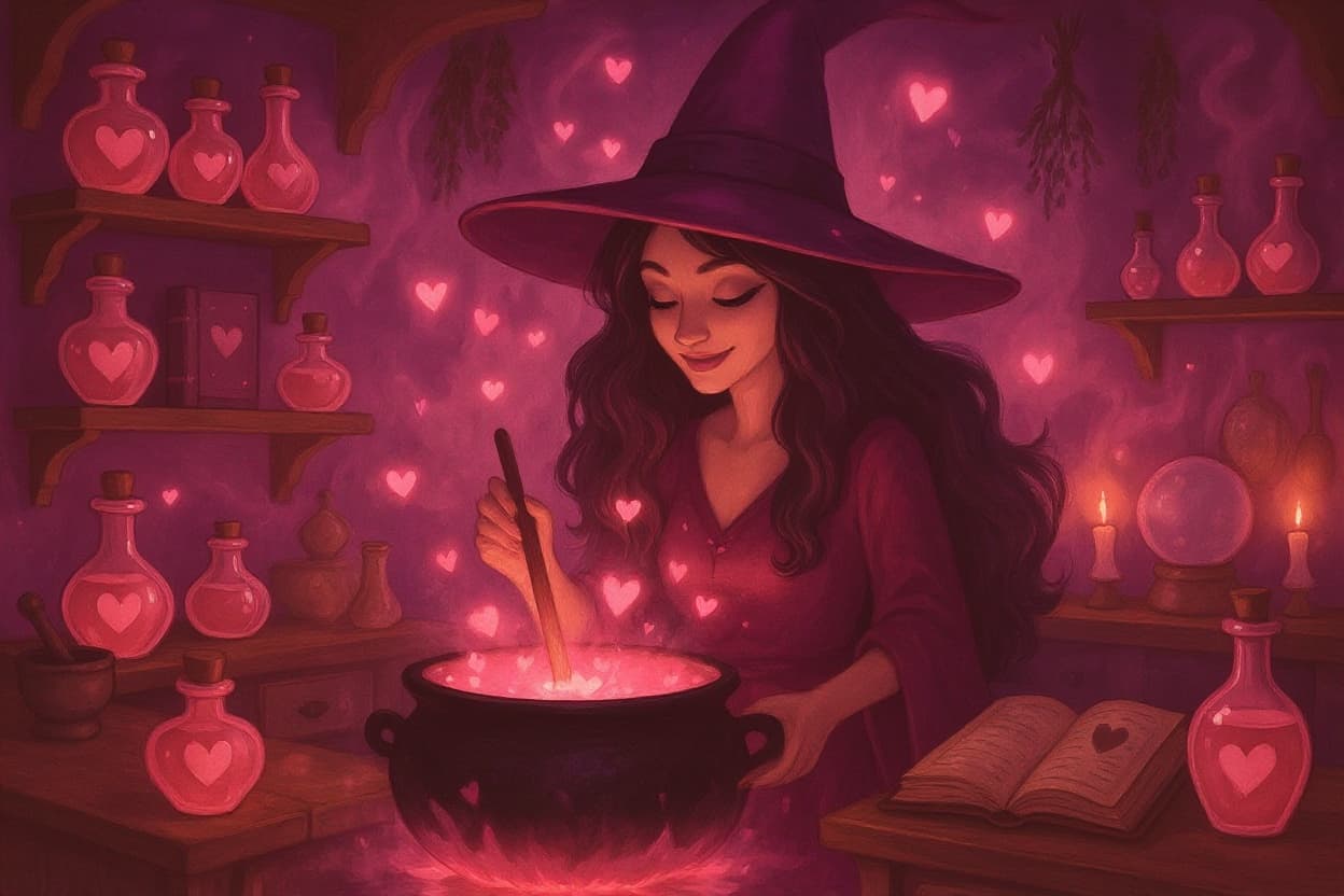 Transform this witchy kitchen to have much more magic and enchantment with a pink and purple color palette. Add swirling magical energy, glowing mystical runes floating in the air, sparkling fairy dust, enchanted cauldrons bubbling with pink and purple potions, magical crystals glowing with inner light, floating spell books with pages turning by themselves, ethereal wisps of colored smoke, shimmering magical auras around objects, and more dramatic magical lighting effects. Enhance the pink and purple tones throughout - from deep royal purples to soft lavender and rose pink hues