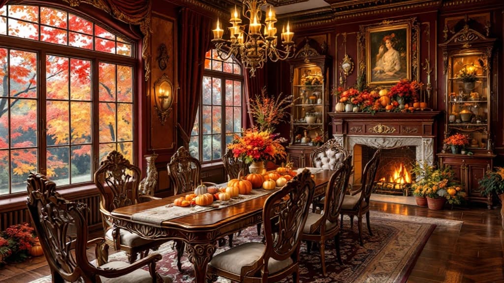 A beautiful Victorian dining room with elegant autumnal decorations, ornate wooden dining table with carved details, vintage upholstered chairs, decorative pumpkins and gourds arranged on the table and around the room, warm fall foliage decorations, rich burgundy and gold color scheme, ornate chandelier, detailed wallpaper or wainscoting, large windows showing vibrant maple trees with red and orange autumn leaves outside, warm golden lighting, wide panoramic view of the entire dining room, highly detailed Victorian architecture and furnishings