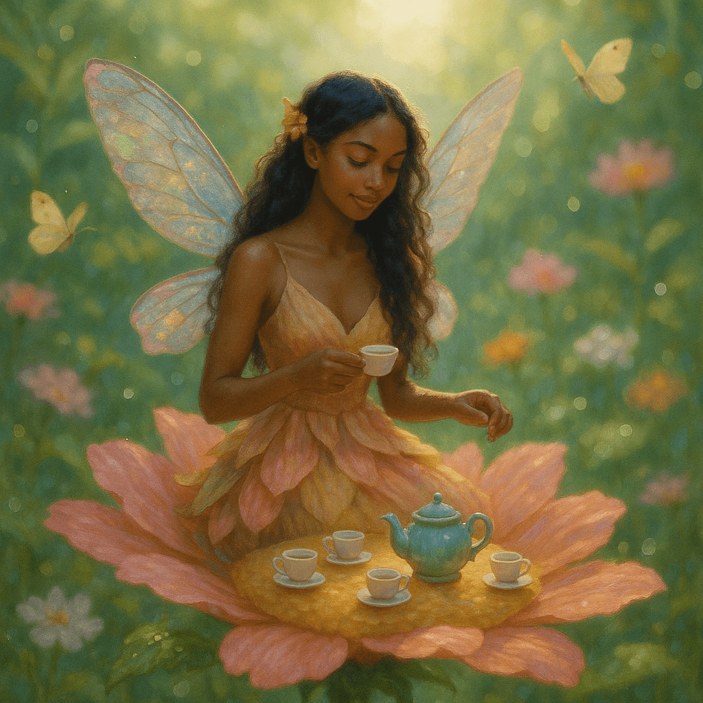 Creation: A graceful fairy with warm brown skin and flowing black hair sitting delicately on a large vibrant flower, hosting an enchanting tea party. She wears gossamer wings that shimmer with iridescent colors and a flowing dress made of flower petals. Tiny teacups and a miniature teapot are arranged on the flower's surface. The scene is set in a lush, tranquil garden with soft morning light filtering through leaves, surrounded by blooming flowers, dewdrops catching the light, and gentle butterflies floating nearby. The atmosphere is peaceful and magical, with rich greens and soft pastel flower colors creating a serene natural paradise. Shot with dreamy, soft lighting and shallow depth of field for an ethereal quality.