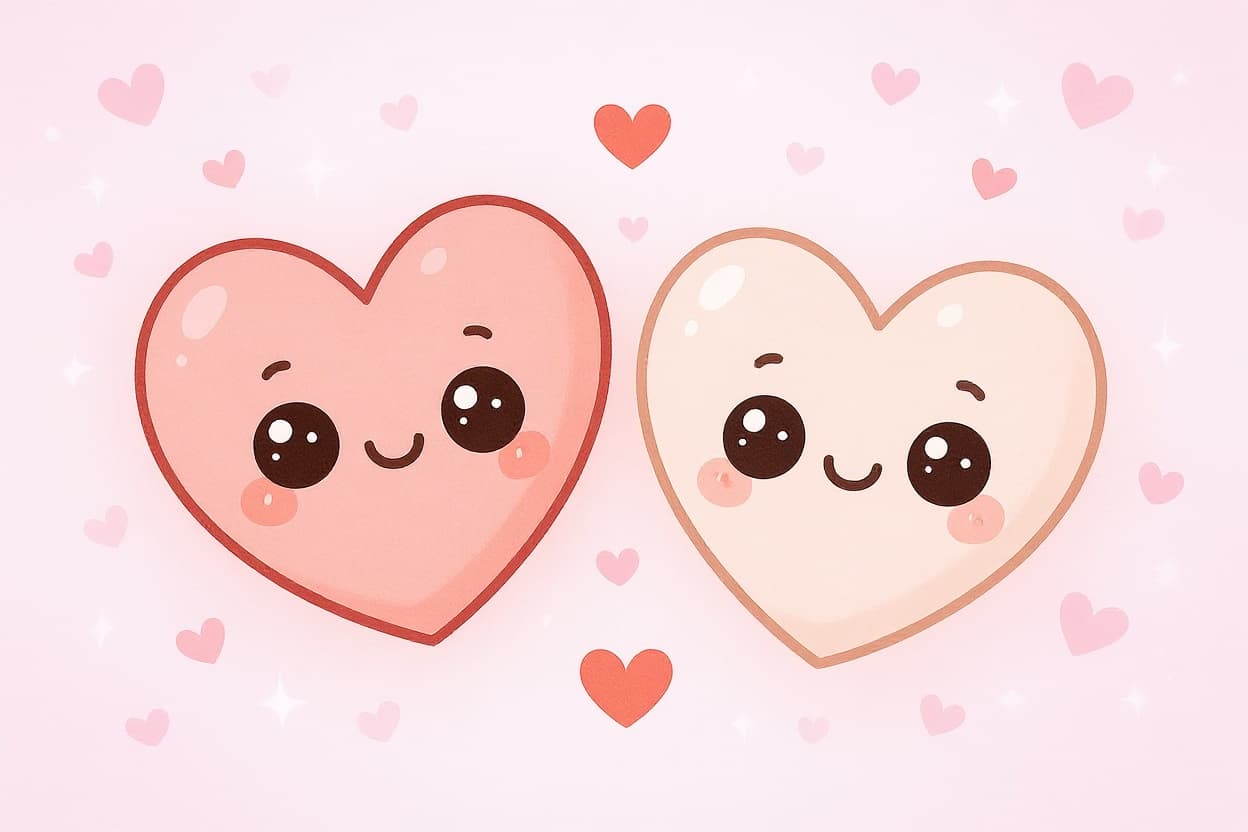 Remove the "Love you" text completely. Change the design to have only two kawaii hearts instead of multiple hearts. Use a soft pink color palette throughout the entire card design - pink backgrounds, pink hearts, pink accents. Keep the cute kawaii style with simple faces on the hearts.