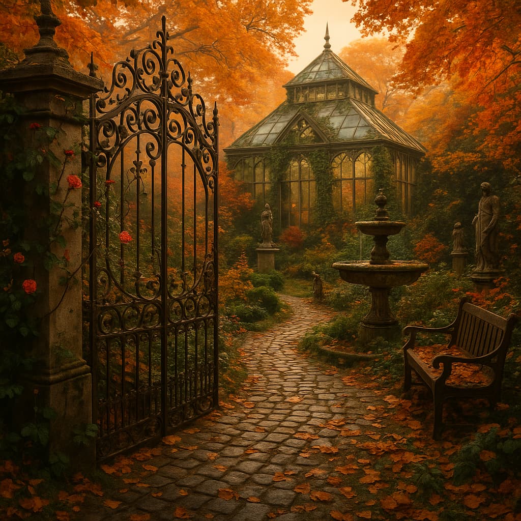 A enchanting Victorian secret garden in autumn, ornate wrought iron gate partially open revealing a hidden paradise, cobblestone pathway winding through the garden, vintage Victorian greenhouse in the background with ivy climbing the glass panels, autumn foliage in rich oranges, deep reds, and golden yellows, fallen leaves scattered on the ground, antique stone fountain with moss and lichen, weathered garden statues, climbing roses with some autumn blooms, old wooden benches covered in fallen leaves, soft golden hour lighting filtering through the trees, mysterious and romantic atmosphere, Instagram-worthy composition, highly detailed, cinematic lighting