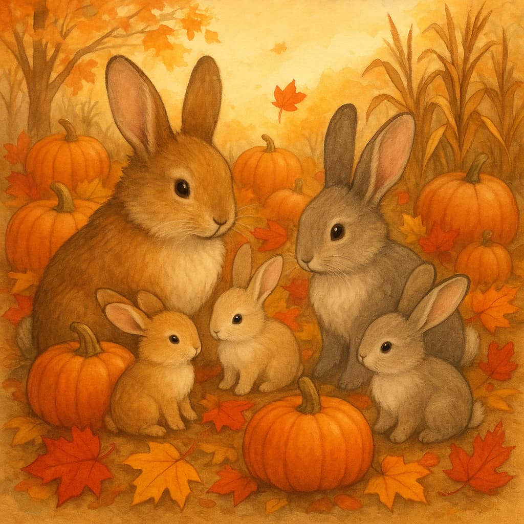 A cute family of bunnies in an autumnal pumpkin patch. Adorable fluffy rabbits of different sizes - parents and baby bunnies - playing among orange pumpkins, fallen autumn leaves in warm colors of red, orange, and yellow. Cozy fall atmosphere with soft golden lighting, scattered pumpkins of various sizes, dried corn stalks, and colorful maple leaves. The bunnies have soft fur in natural colors like brown, white, and gray. Peaceful countryside setting with a warm, inviting autumn mood.