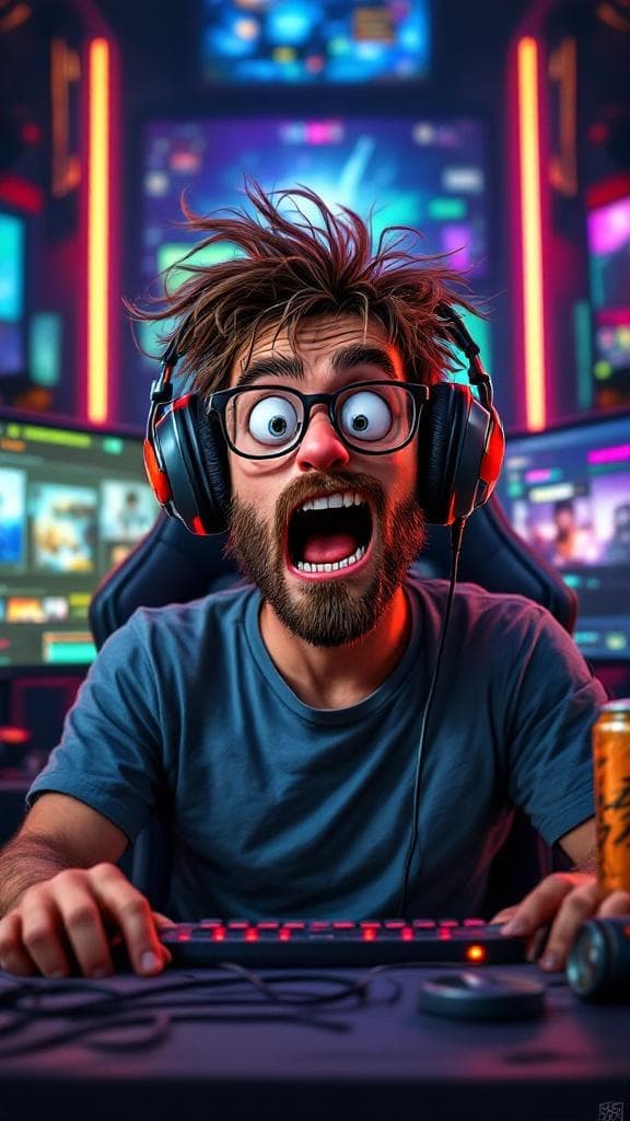 A doofy, goofy Twitch streamer sitting at their gaming setup, wearing oversized gaming headphones, messy hair, thick-rimmed glasses slightly crooked, making an exaggerated surprised expression with mouth wide open, colorful LED lights in background, multiple monitors showing chat and game, energy drink cans scattered around, wearing a wrinkled gaming t-shirt, cartoon-like and humorous style