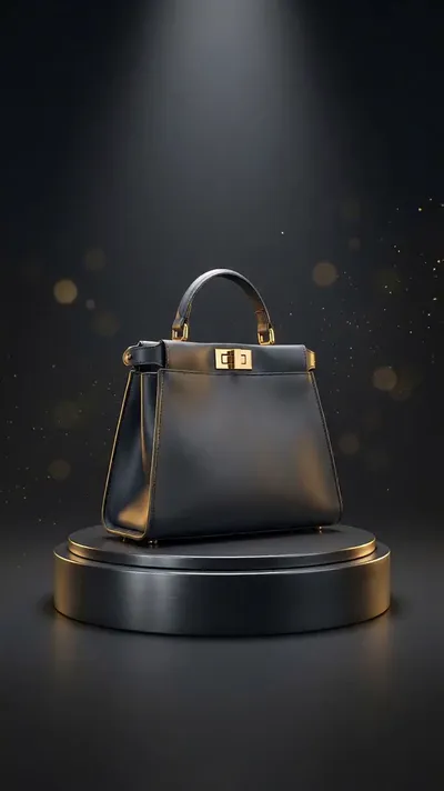 AI-generated luxury promo video of a handbag rotating with swirling gold particles
