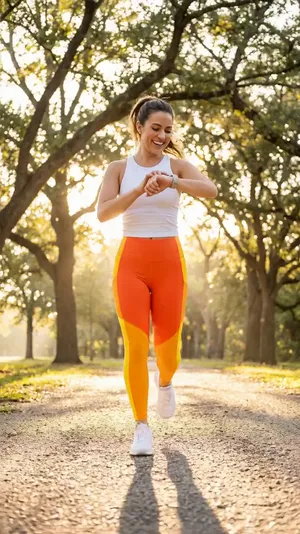 AI-generated lifestyle promo video of a person using a smartwatch while jogging at sunrise