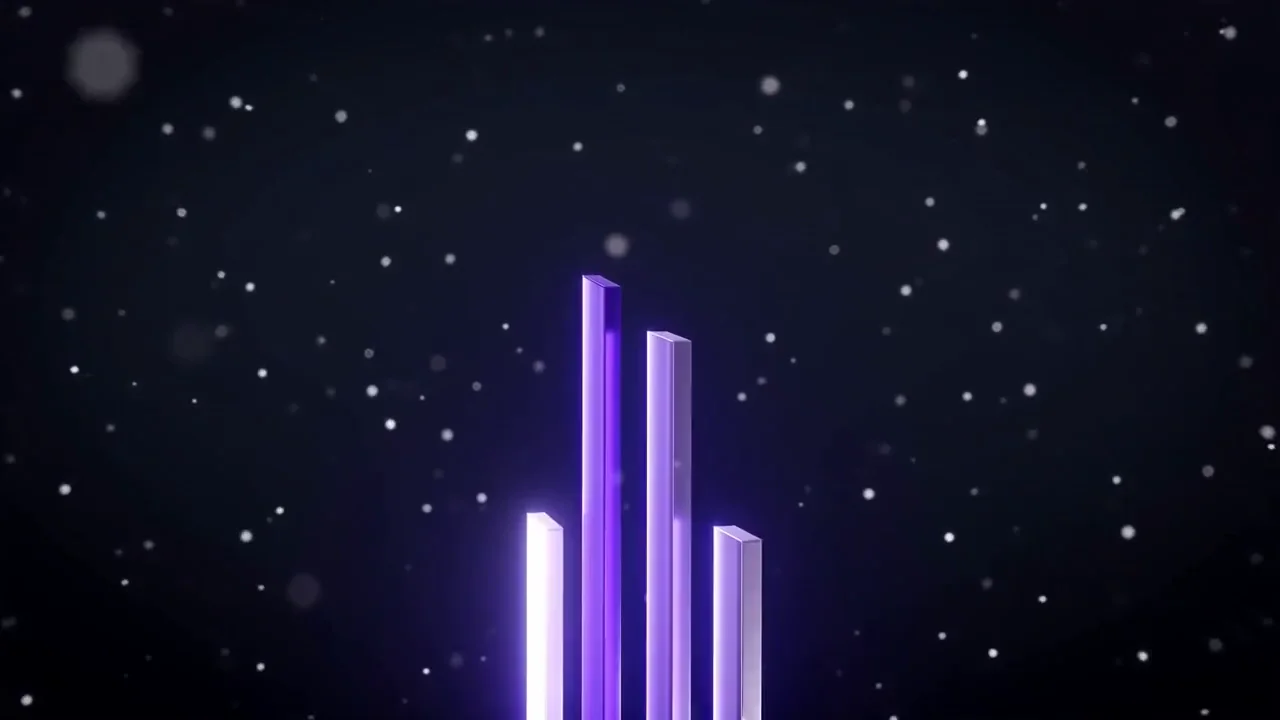 Glowing violet bars rising in sequence against a dark background, building into an ascending growth chart