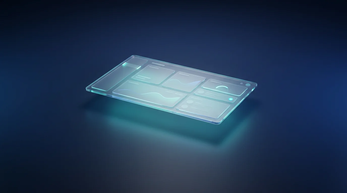 AI-generated pitch deck product slide visual with a floating translucent app dashboard on a deep studio background