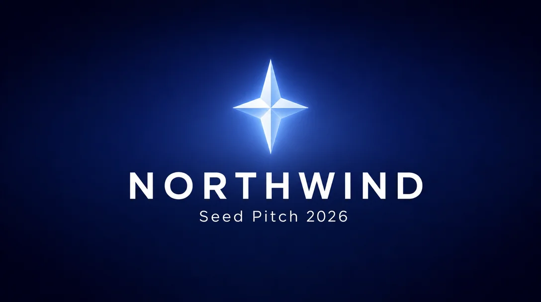 AI-generated startup pitch deck title slide with a glowing compass logo mark and clean centered typography