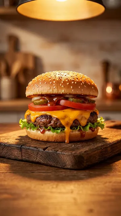 AI-generated vertical food Reel of a gourmet cheeseburger with melting cheese and rising steam