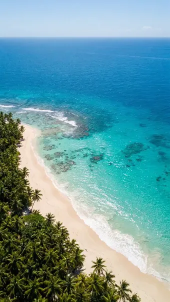 AI-generated vertical travel Reel with an aerial drone shot over a turquoise tropical coastline
