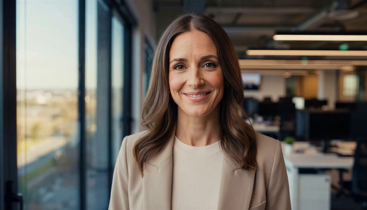 A presenter in a bright modern office speaking directly to camera in a medium close-up