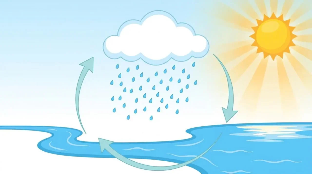 Flat illustration of the water cycle: a sun, a cloud raining onto a winding river, and plain arrows circling between them