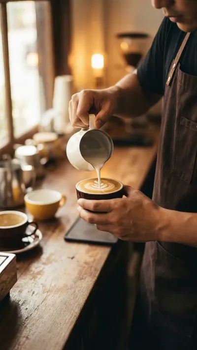 AI-generated vertical brand story video of a barista pouring latte art in a cozy cafe