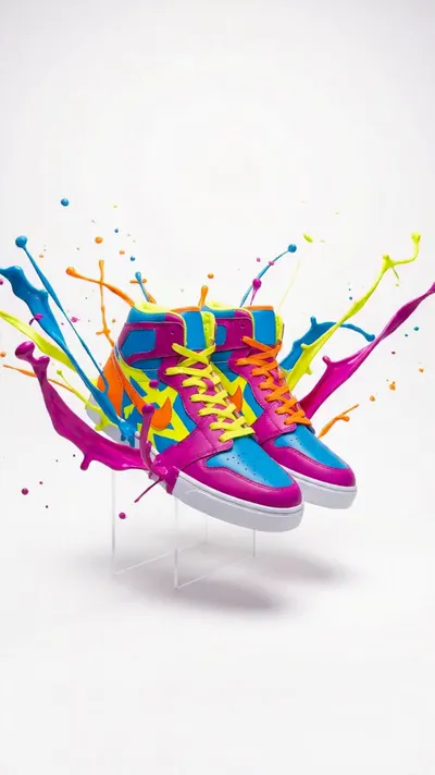 AI-generated vertical promo video of colorful sneakers surrounded by bursting paint splashes