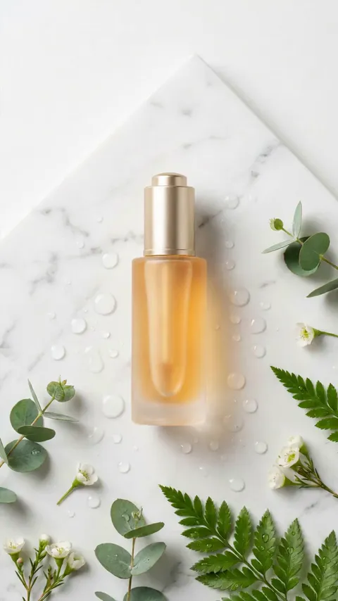 AI-generated vertical Facebook product ad video of a glowing skincare serum bottle with water droplets