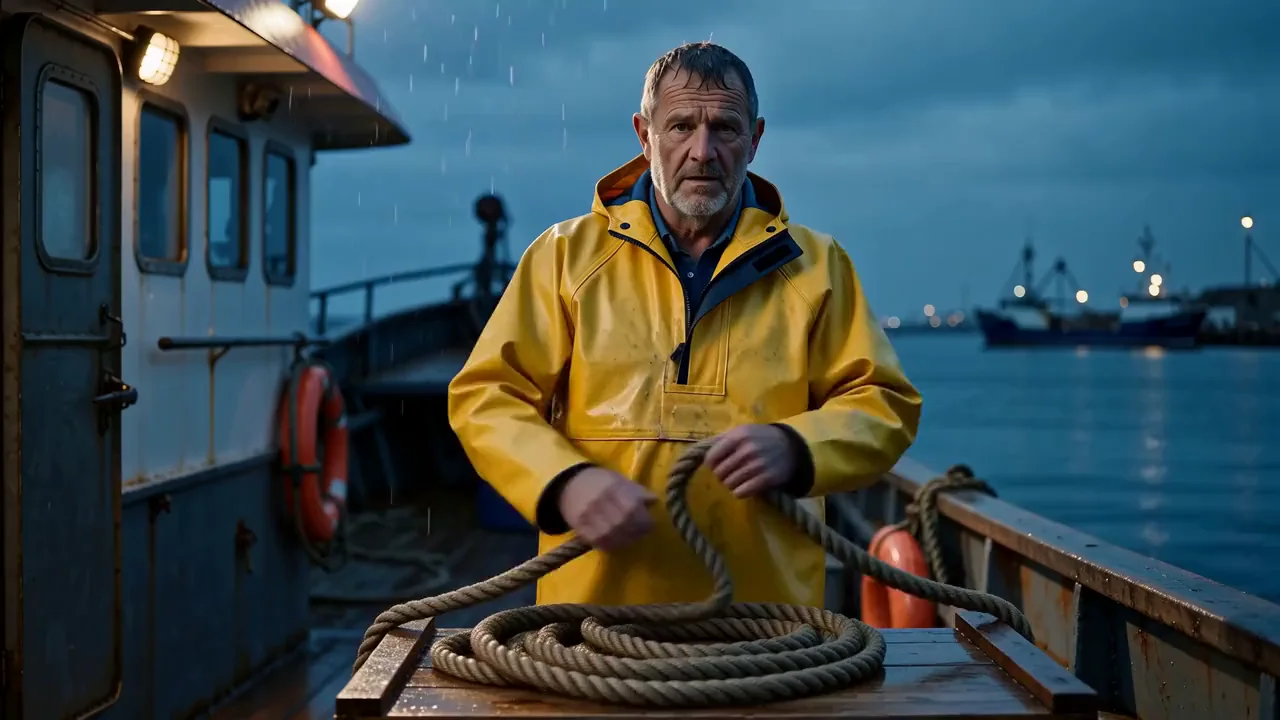 AI-generated video of a weathered fisherman in yellow oilskins on a trawler deck at dawn, speaking to camera