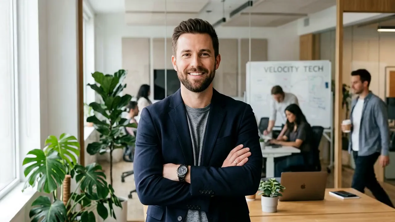 AI-generated video of a bearded man in a navy blazer in an open-plan office, speaking to camera and folding his arms