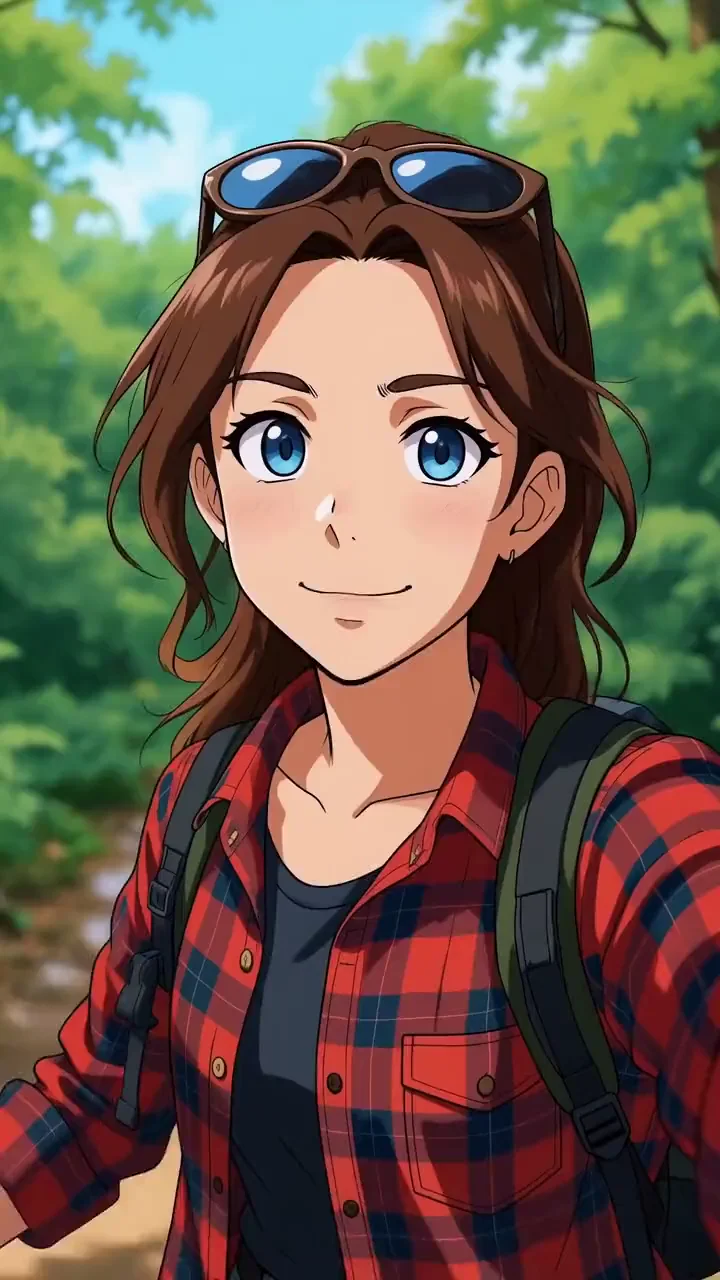 AI-generated vertical video of an anime-styled hiker filming a selfie on a forest trail and speaking to camera