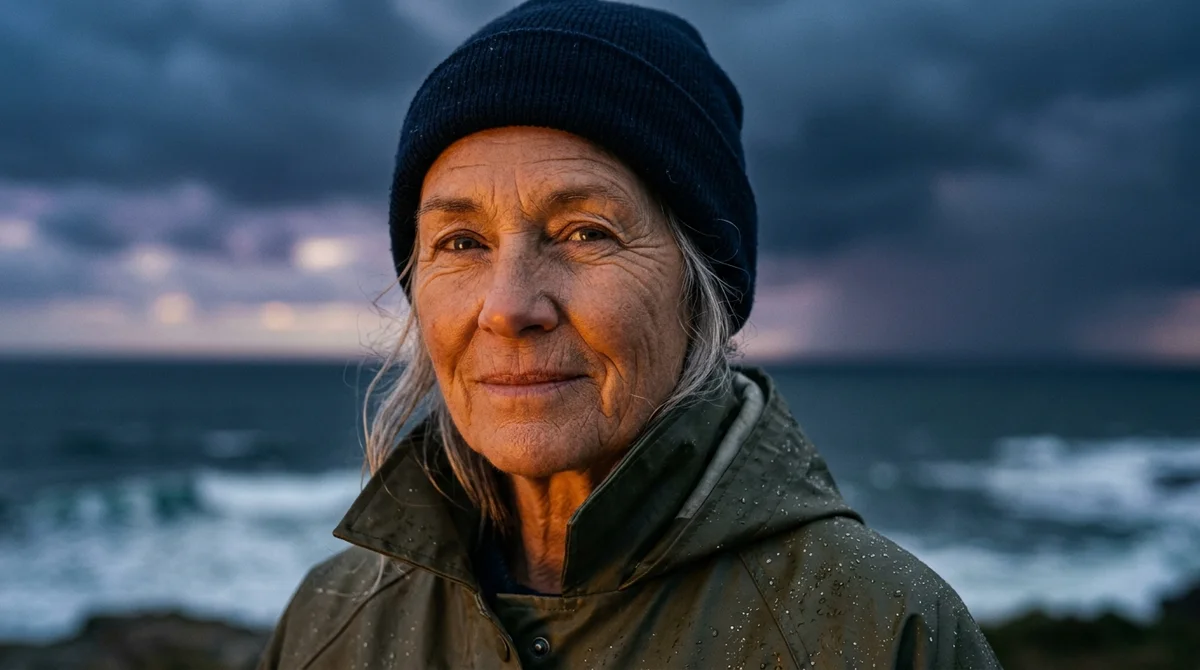 A weathered lighthouse keeper in her sixties lit by warm lantern light against a stormy dusk sky, generated by Nano Banana 2