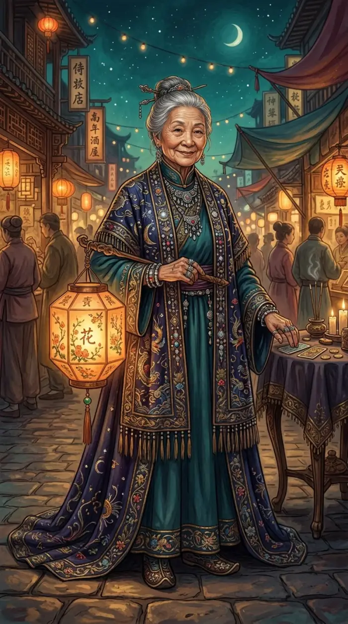 A full-length painterly illustration of a night market fortune teller holding a glowing lantern, generated by Nano Banana 2