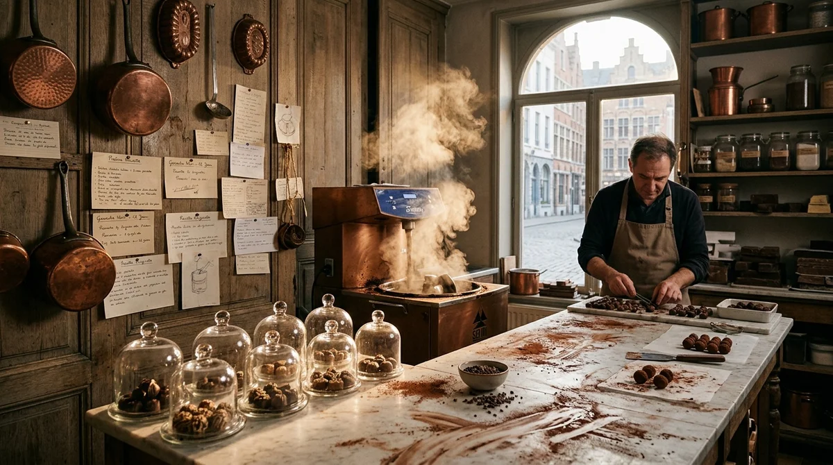 An artisan chocolatier's workshop in Brussels at dawn with copper pots, marble slabs, and morning light, generated by Nano Banana 2