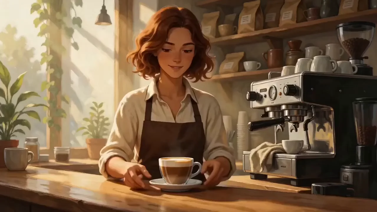 AI-generated video of a painterly illustrated barista sliding a cup across a sunlit counter and speaking to camera