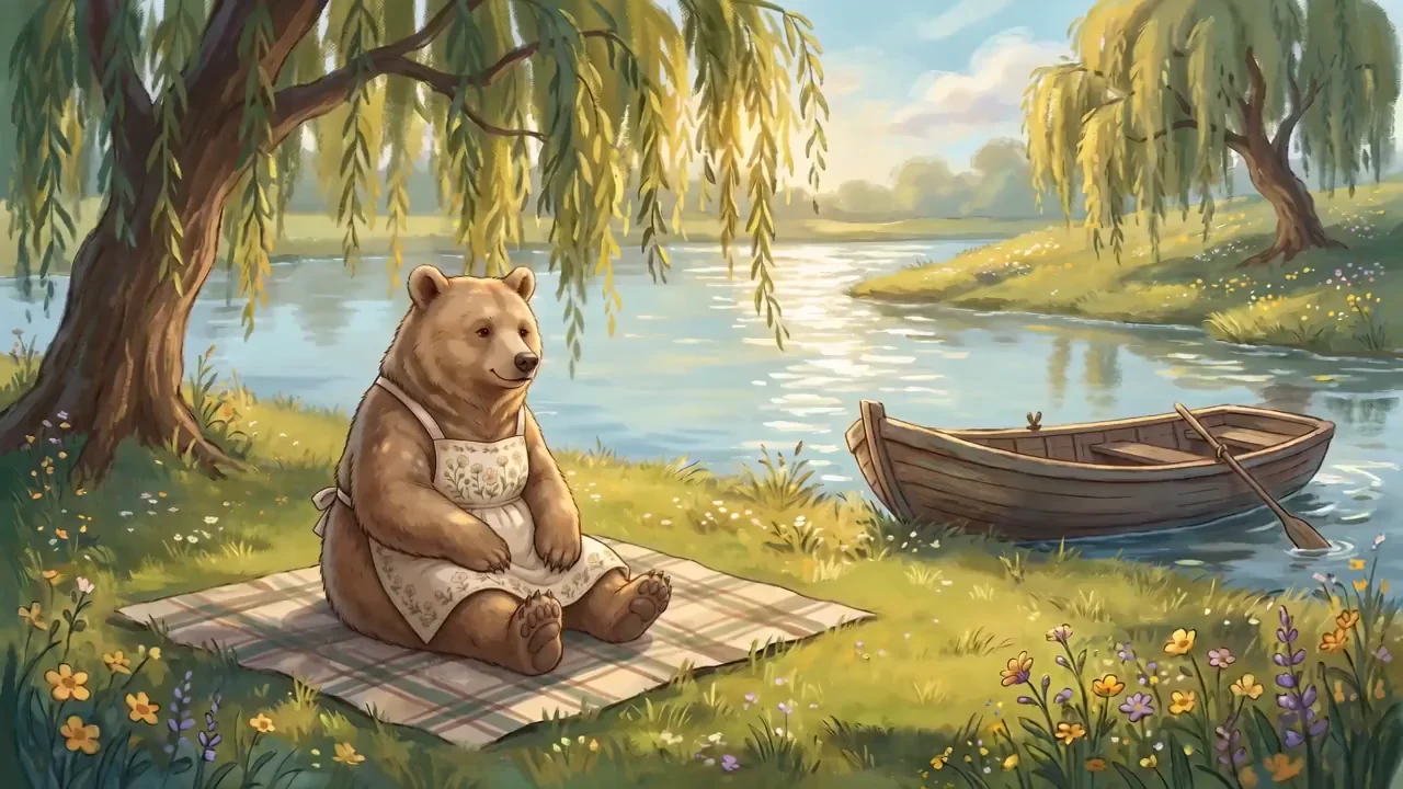 AI-generated storybook video of an illustrated bear sitting by a riverbank and waving at the camera