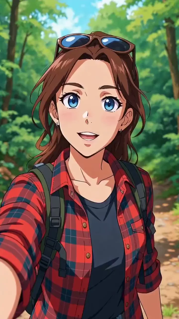 AI-generated vertical video of an anime-styled hiker filming a selfie on a forest trail and speaking to camera