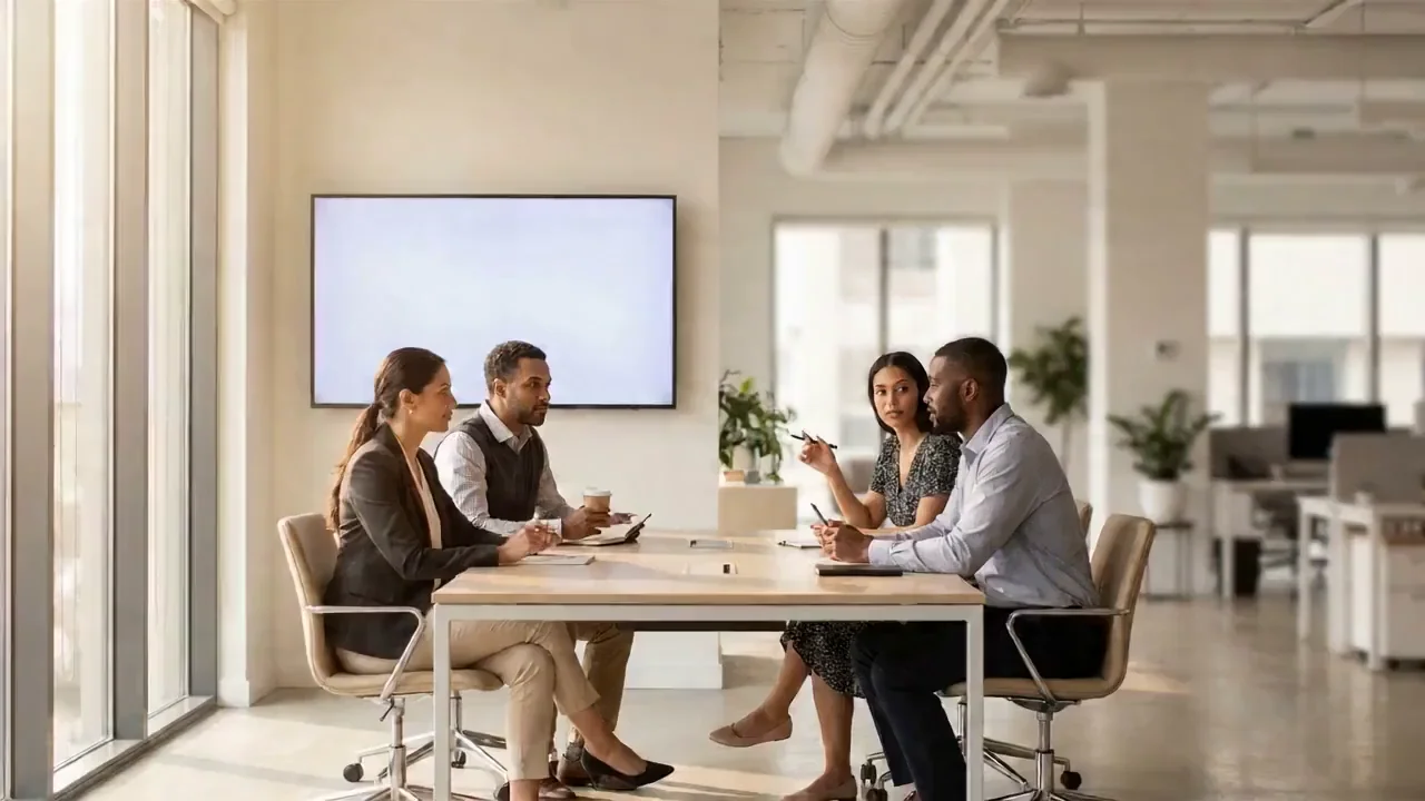 AI training video scene of a modern office onboarding session with a team around a presentation screen