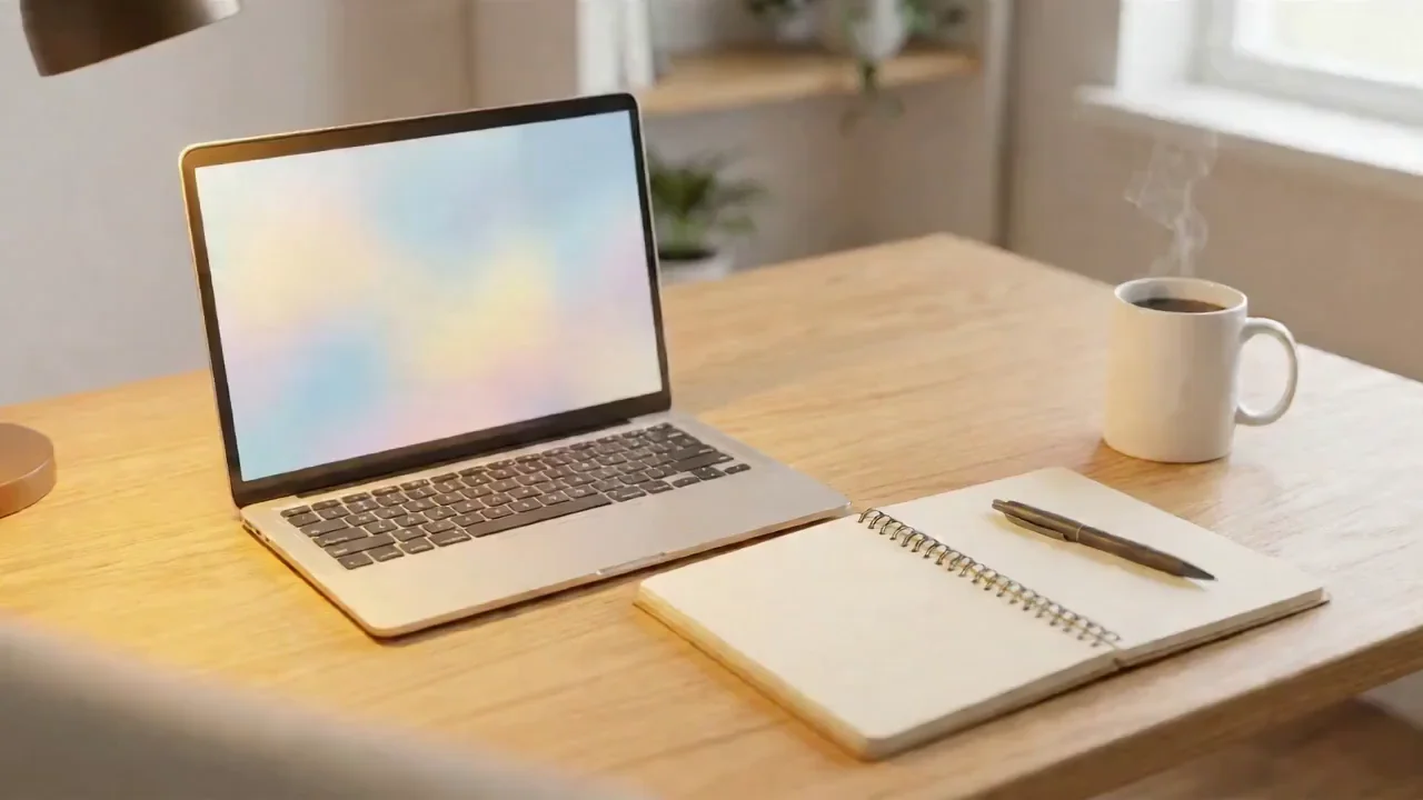 AI training video scene of a tidy home office desk with a laptop, notebook, and coffee for a software tutorial