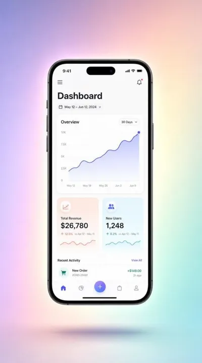 AI-generated app demo video of a smartphone floating with a glowing app dashboard interface