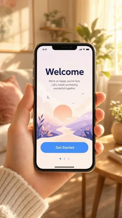 AI-generated onboarding video of a hand holding a smartphone showing an app welcome screen