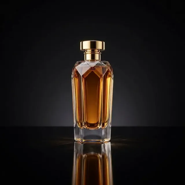 AI-generated product video of a luxury perfume bottle rotating on a reflective surface with studio lighting